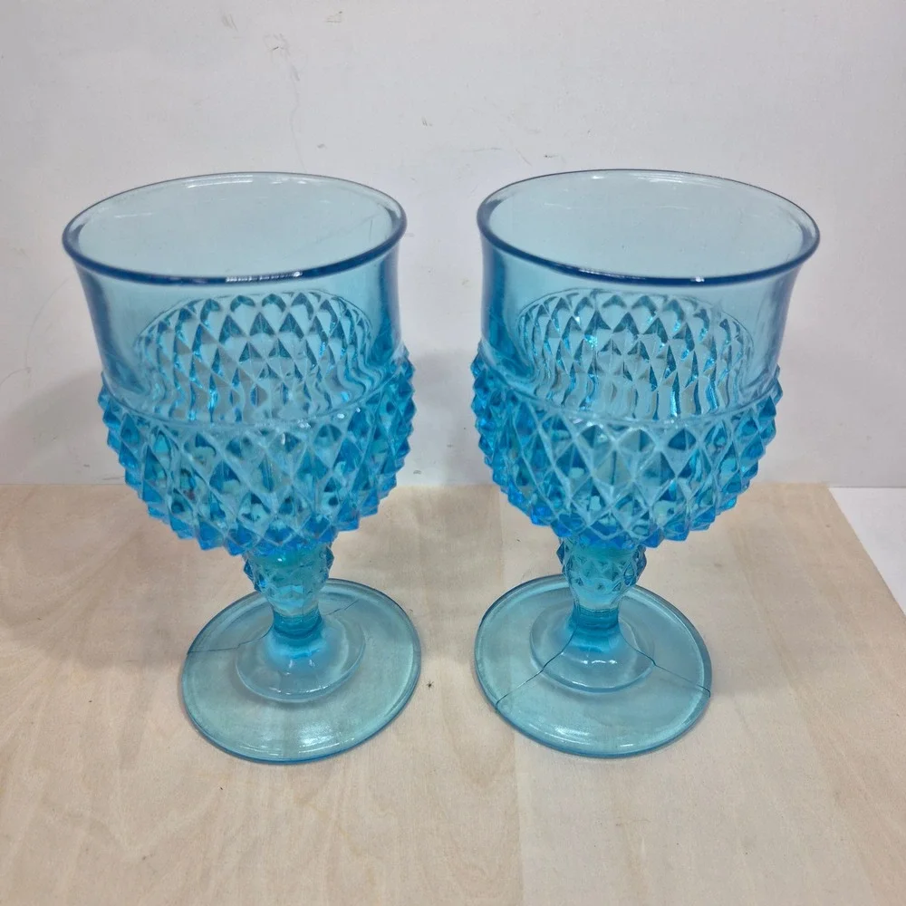Vintage Blue Glass Goblets Diamond Point Pattern Water Wine Chalice Set of 2